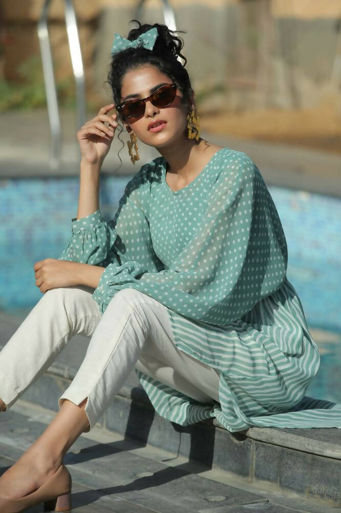 Juniper Women Sagegreen Georgette Bandhani High-Low Tunic | Swadesiicart