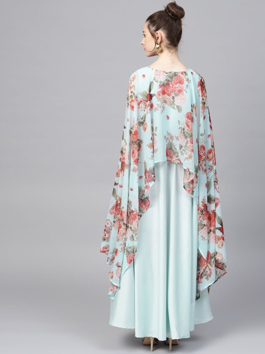 Ahalyaa Aqua Blue Poly Silk Kurta With Attached Printed Dupatta | Swadesiicart