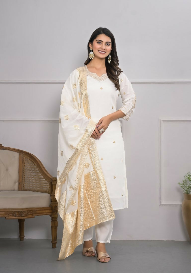 White Viscose Silk Embroidery with Thread and sequence Stitched Suit With Dupatta - Tanisha | Swadesiicart