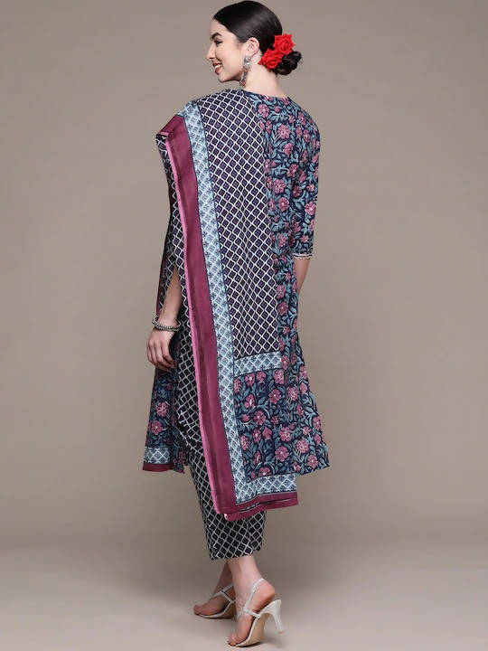 Anubhutee Blue Ethnic Motifs Printed Pure Cotton Kurta with Trousers & Dupatta | Swadesiicart