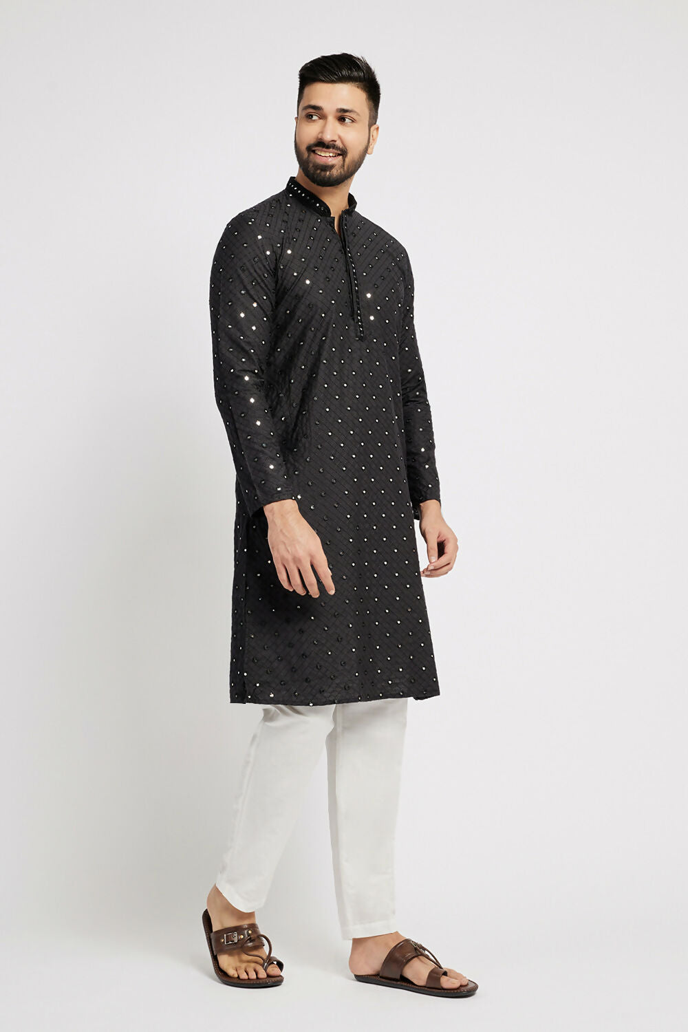 Ethnic India Black Men's Kurta Embellished Cotton | Swadesiicart