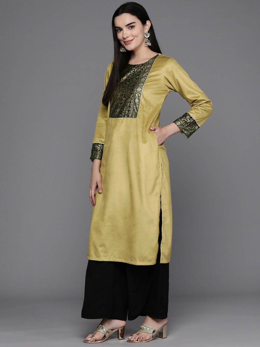 Ahalyaa Women Floral Yoke Design Gotta Patti Velvet Kurta - Mustard Color | Swadesiicart