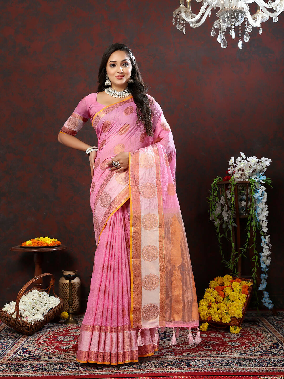 Lorenvalley Fashion Pink Cotton with Woven Design Zari Weaving Saree - Swadesiicart