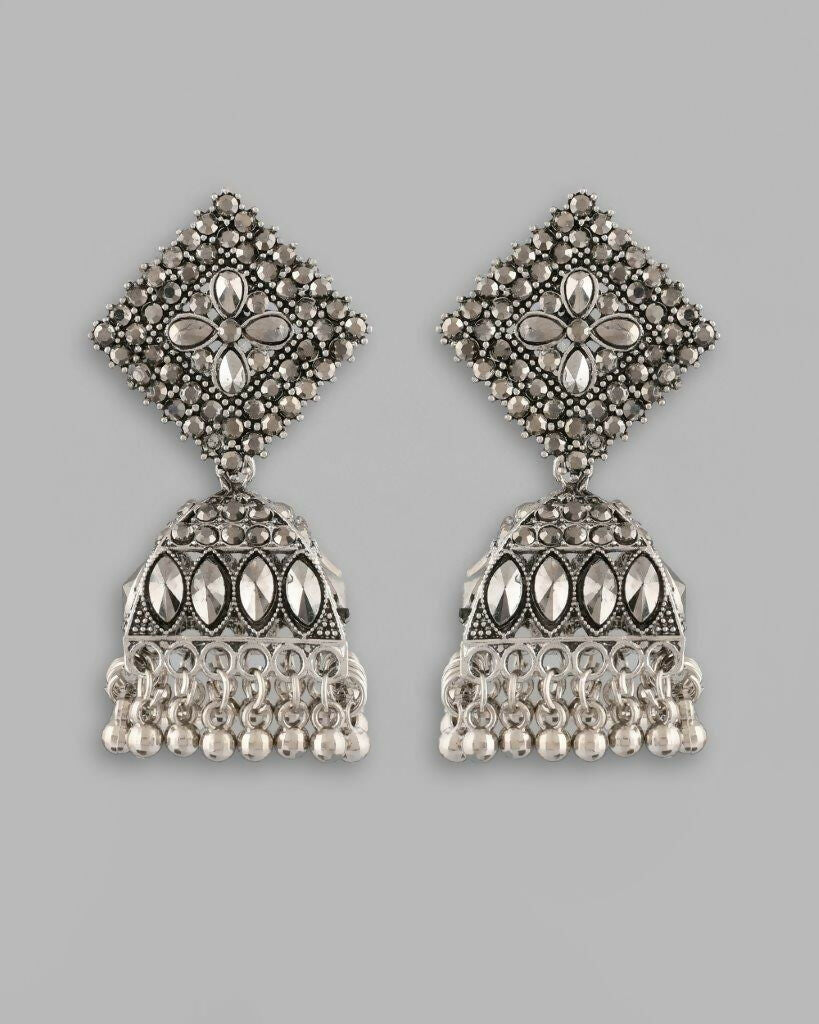 VOJ Black-Toned AD Studded Dome Shaped Jhumkas Earrings - Swadesiicart