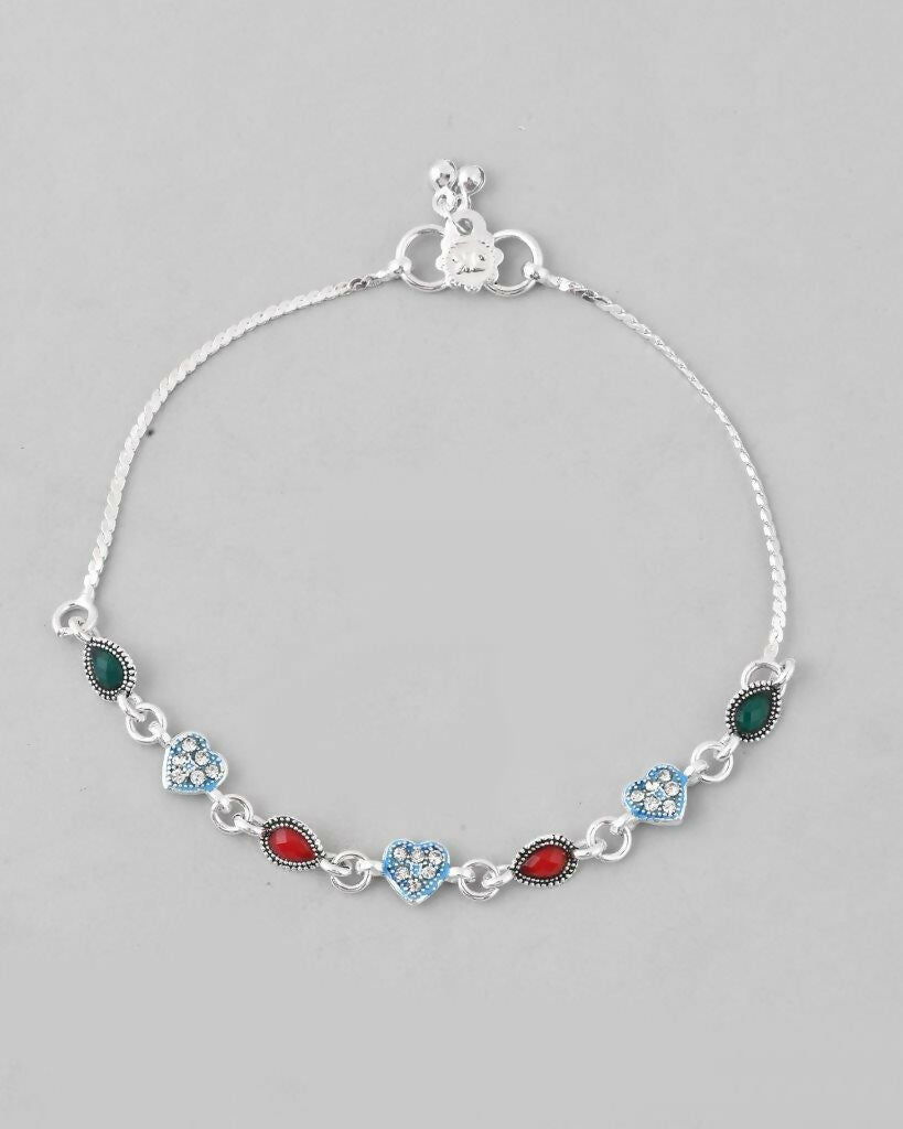 VOJ Set of 2 Silver Plated Heart Shaped Stone Studded Anklet - Swadesiicart