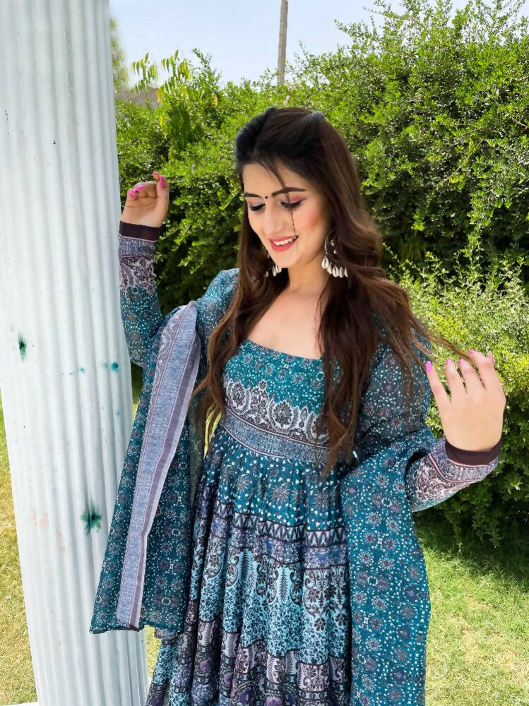 All Season Designer Blue With Multycolor Pure Maslin Gown - Anbazaar