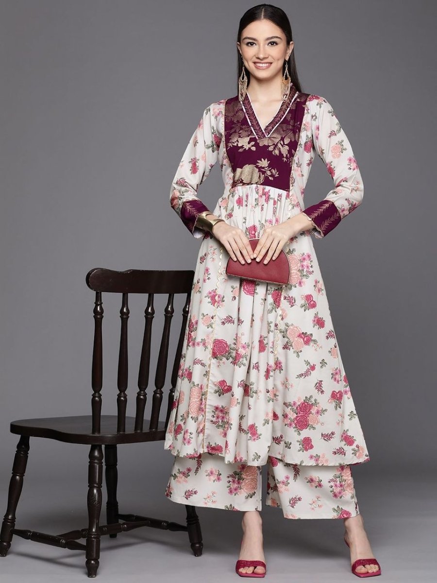 Ahalyaa Womens Beige Crepe Digital Printed Kurta Palazzo Set | Swadesiicart