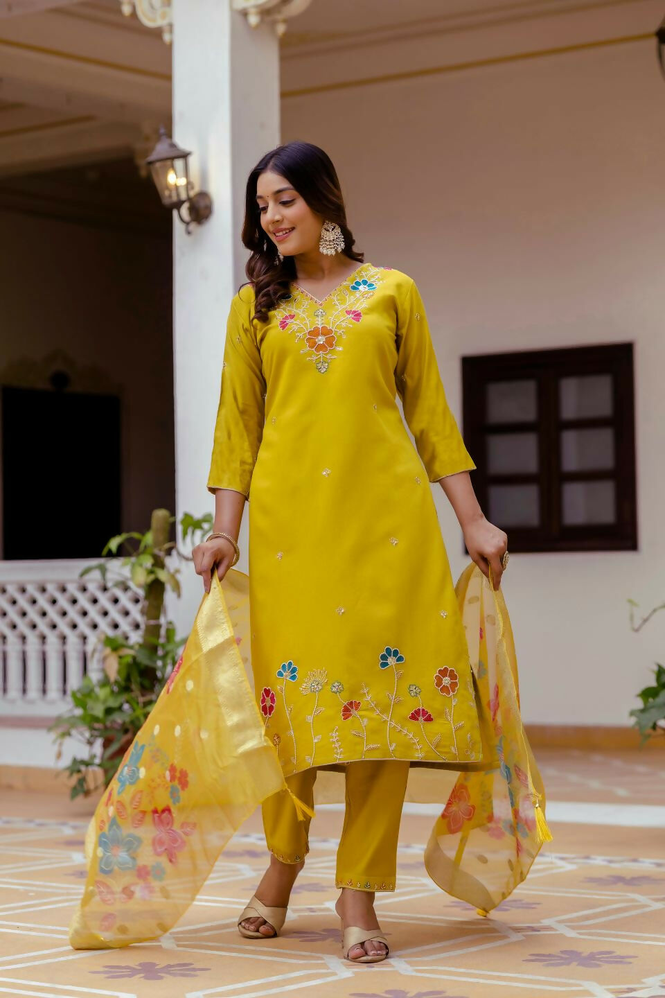 The52 Yellow Women's Gorgeous Embroidered work Viscose Gadhwal Fabric Straight Kurta, Pant and Dupatta Set - Swadesiicart