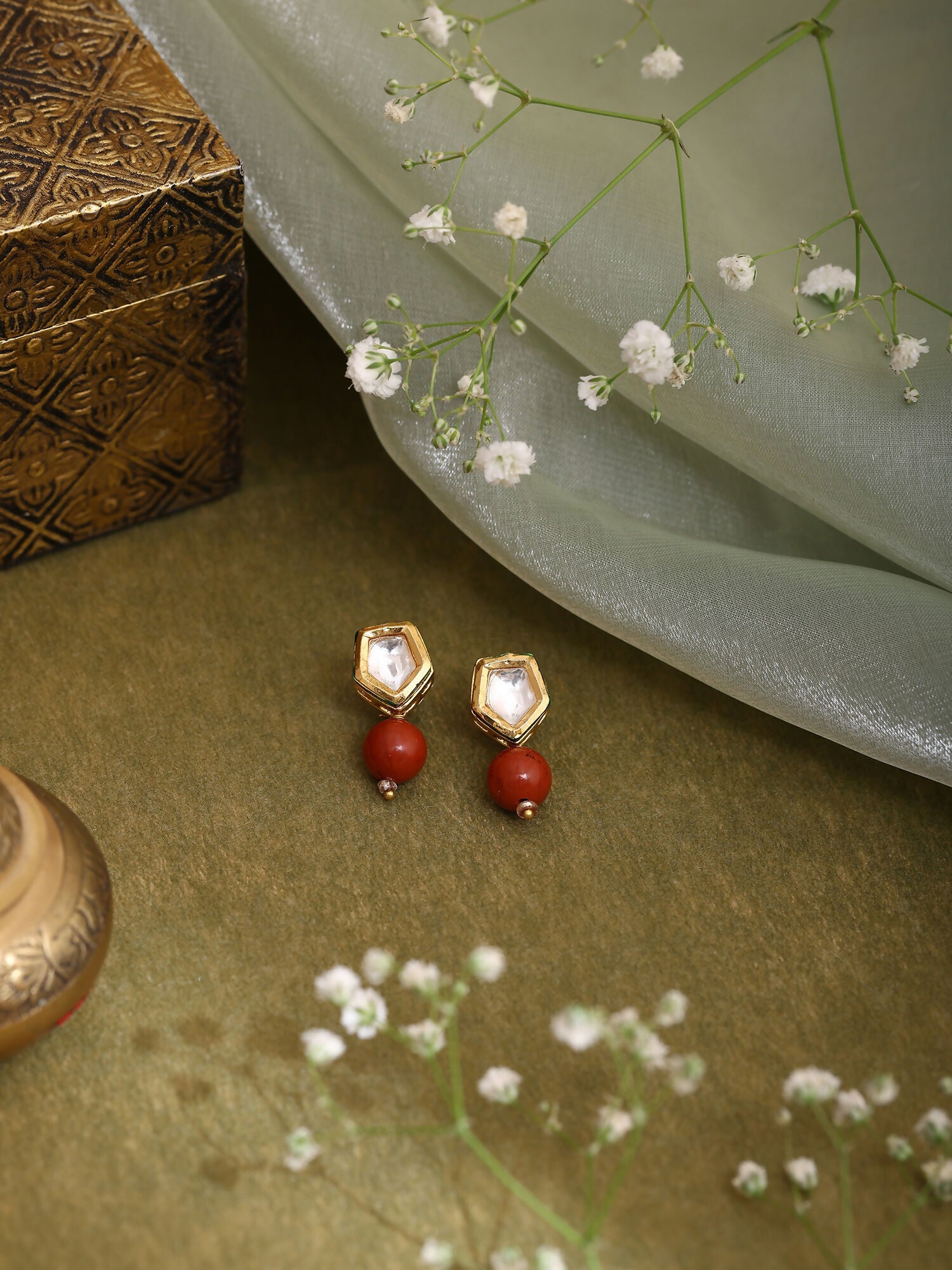 Ruby Raang Red Jasper Kundan Earrings | Swadesiicart