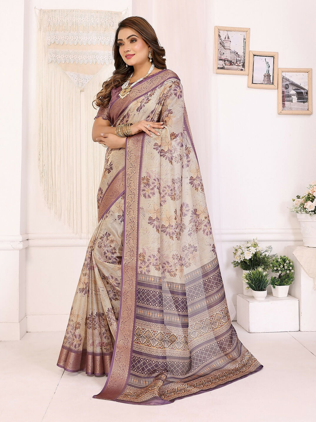 Joban Fashion Lavender Floral Print pattern Banarasi Silk Sarees | Swadesiicart