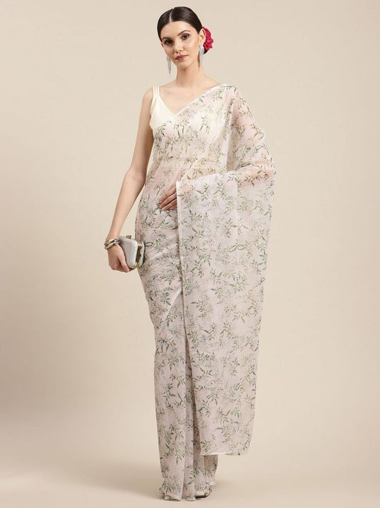 Ahalyaa Women's Off White Chiffon Digital Print Floral Saree | Swadesiicart
