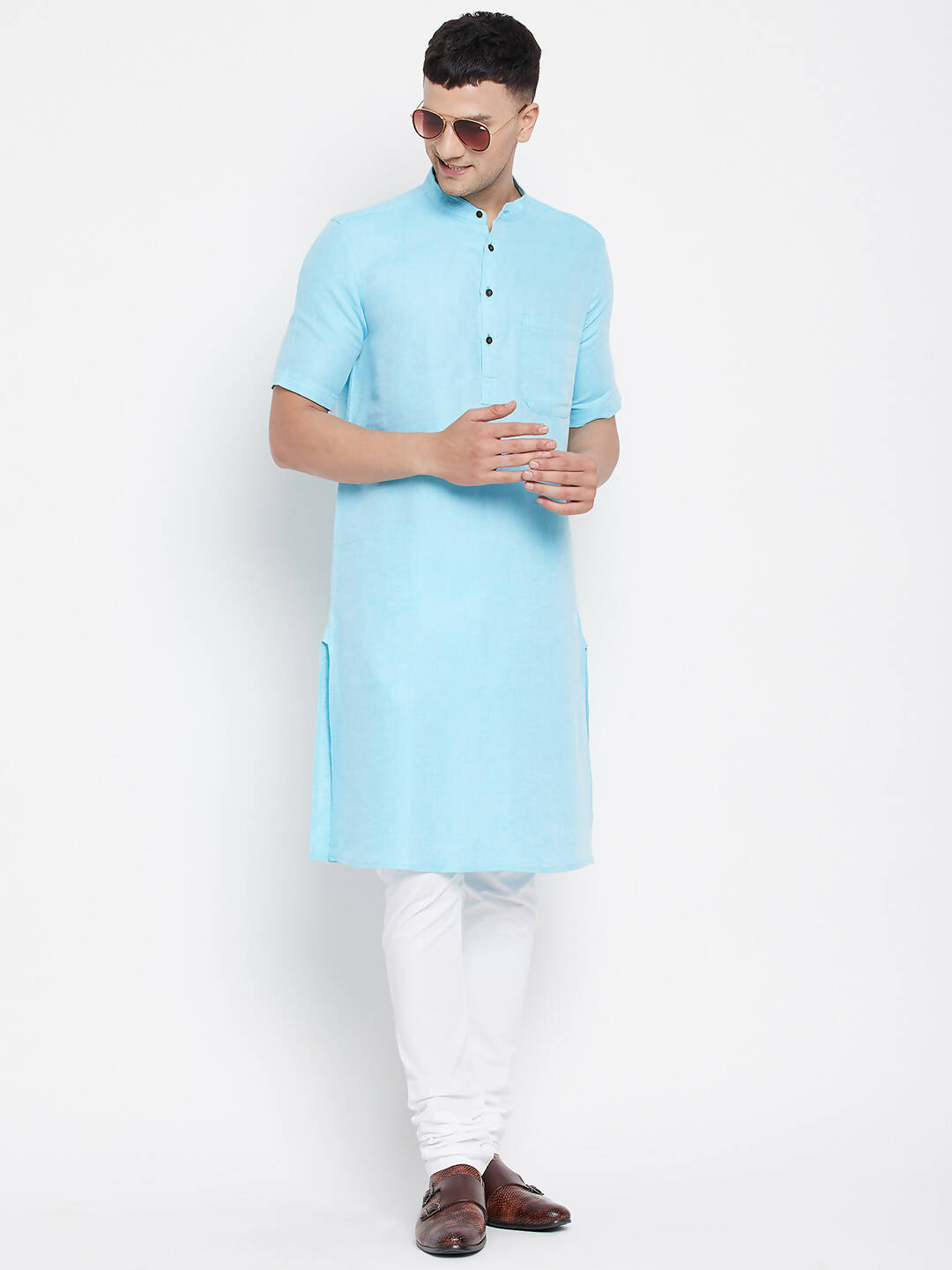 Even Apparels Blue Color Pure Cotton Men's H/S Kurta With Band Collar | Swadesiicart