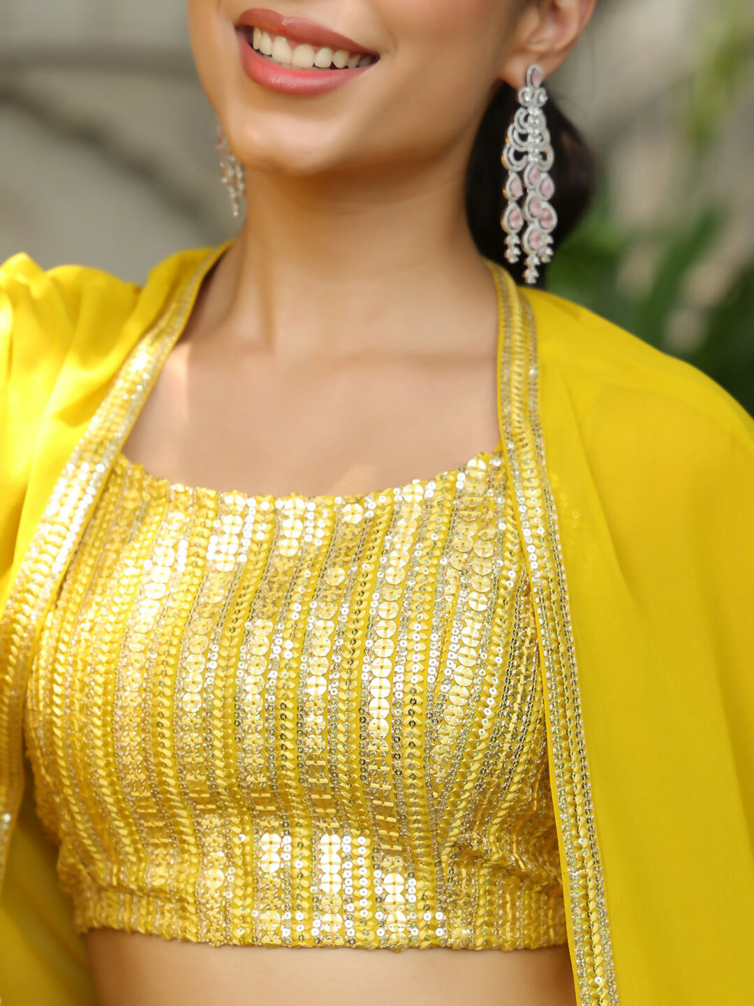 Janasya Yellow Georgette Sequined Top Bottom Cape | Swadesiicart