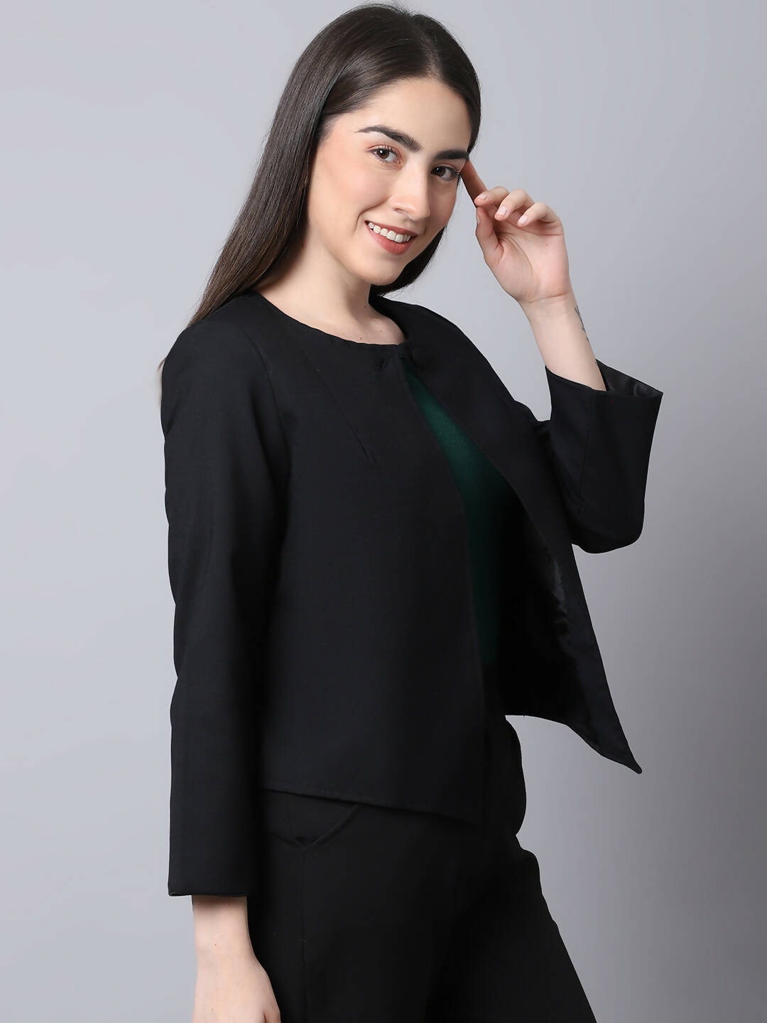 Even Apparels Black Polywool Open Front Statement Women's Jacket | Swadesiicart