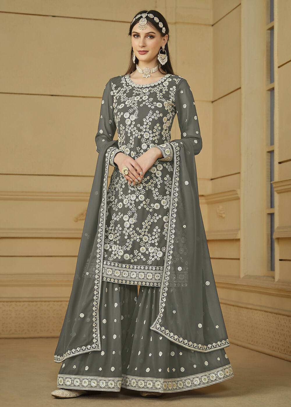 Stone Grey Embroidered Georgette Gharara Style Suit - Emponline | Swadesiicart
