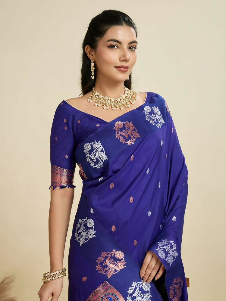 Vishnu Weaves Women's Royal-blue Banarasi Silk Zari Woven Saree with Blouse - Swadesiicart