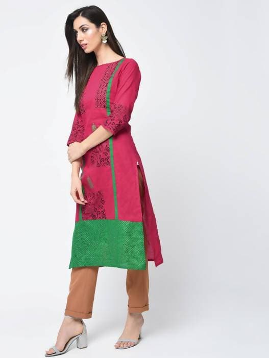 Aniyah Cotton Block Printed Straight Pink Kurta (AN-114K) - Swadesiicart