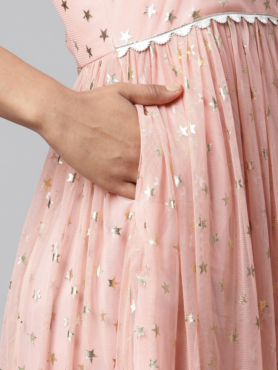 Ahalyaa Women Pink Net Gold Foil Print Dress | Swadesiicart