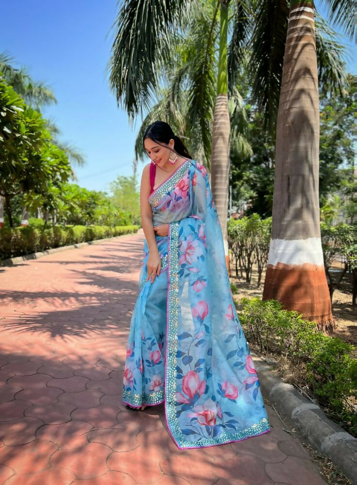 Vamsee Vamakshi Grey Organza Saree - Swadesiicart