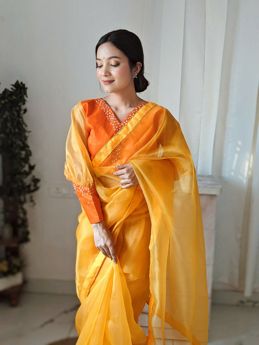 Vamsee Vasu Yellow Organza Saree - Swadesiicart