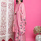 Jyoti Fashion Women's Pink Muslin Floral Print with Jari & Crystal work Kurta with Trouser & Dupatta | Swadesiicart