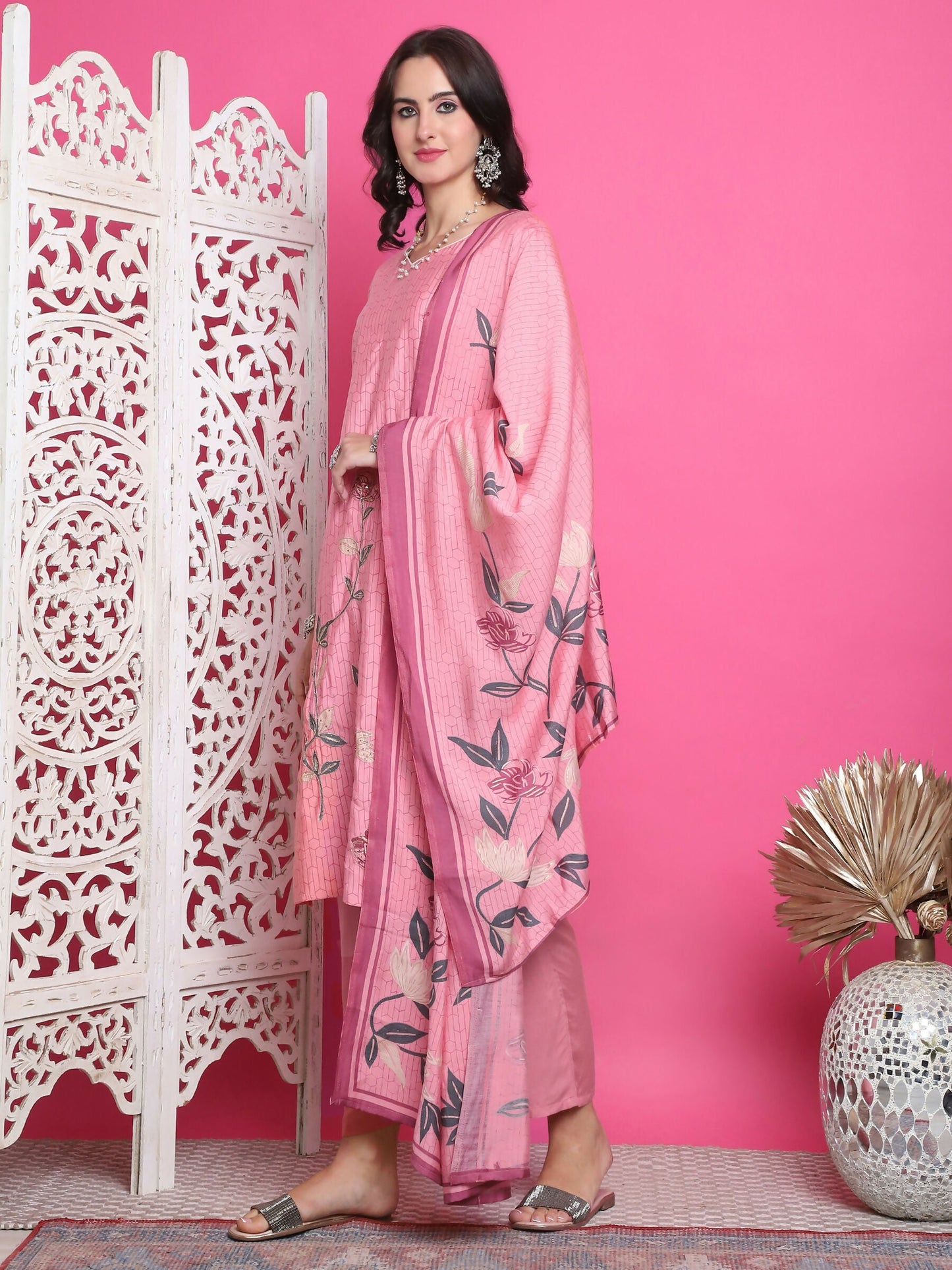 Jyoti Fashion Women's Pink Muslin Floral Print with Jari & Crystal work Kurta with Trouser & Dupatta | Swadesiicart