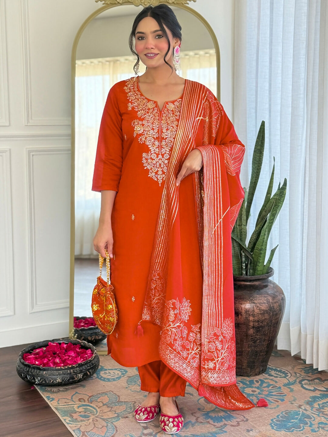 The52 Rust Women's Gorgeous Roman Silk Fabric Straight Kurta, Pant and Dupatta Set - Swadesiicart