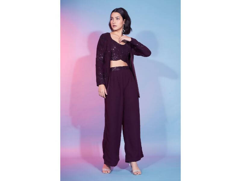 Maroon Georgette Sequence With Thread Designer Co-Ord Set - Flory - Swadesiicart
