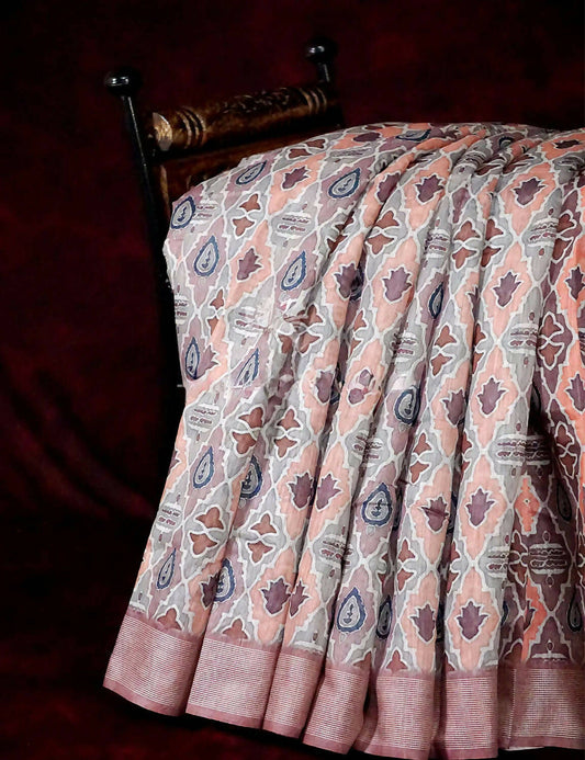 Grey And Peach Colour Ikat Design Semi Chanderi Saree By Gayathri Reddy Designer Studio | Swadesiicart