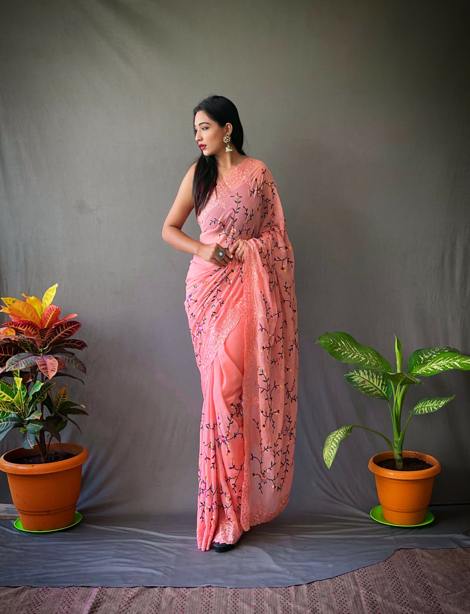 Vamsee Pearl 1 Peach Georgette Saree - Swadesiicart