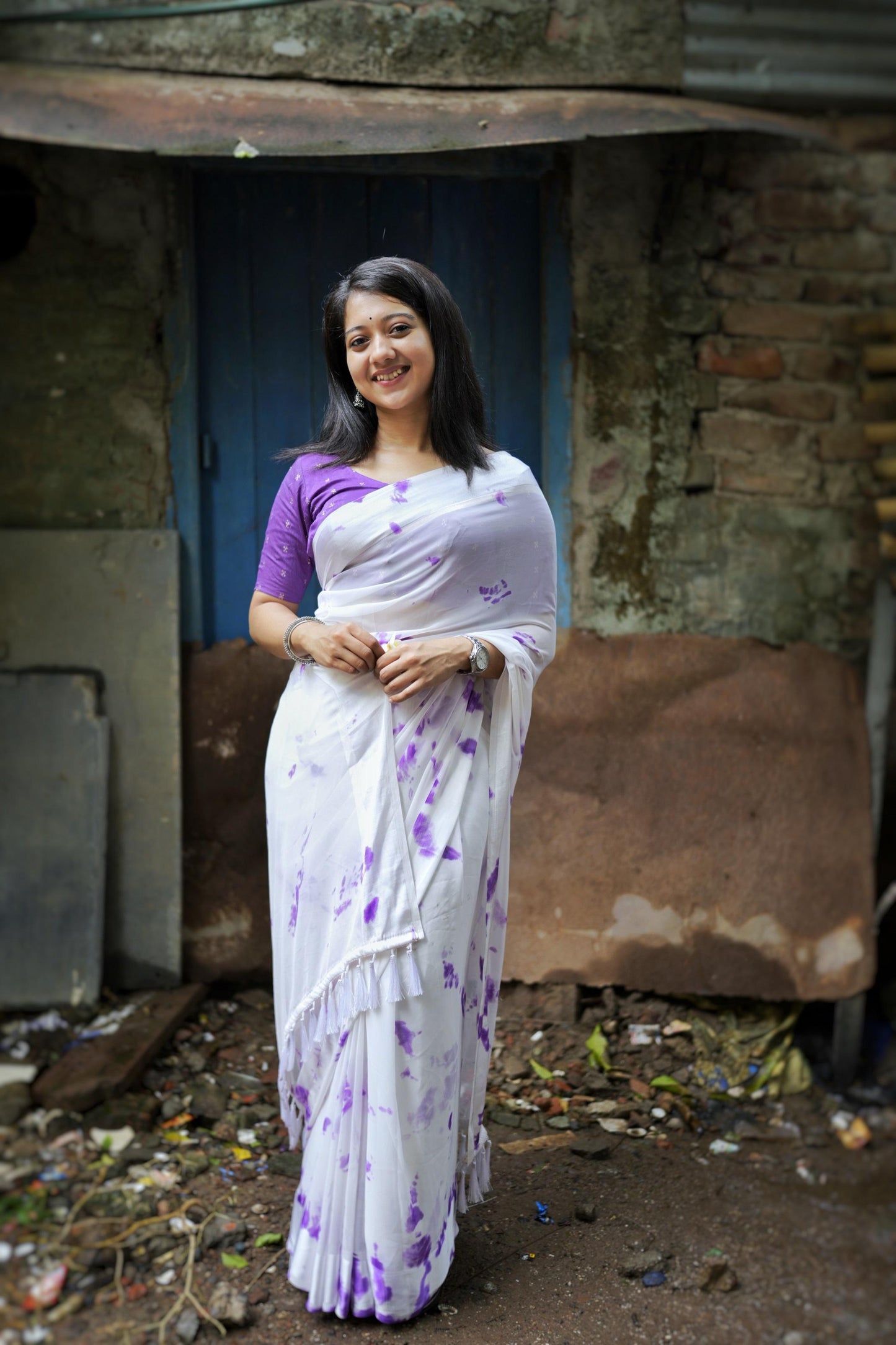 Lavender Poly Georgette Tie and Dye Saree with Unstitched Blouse - Hiral Fashion | Swadesiicart