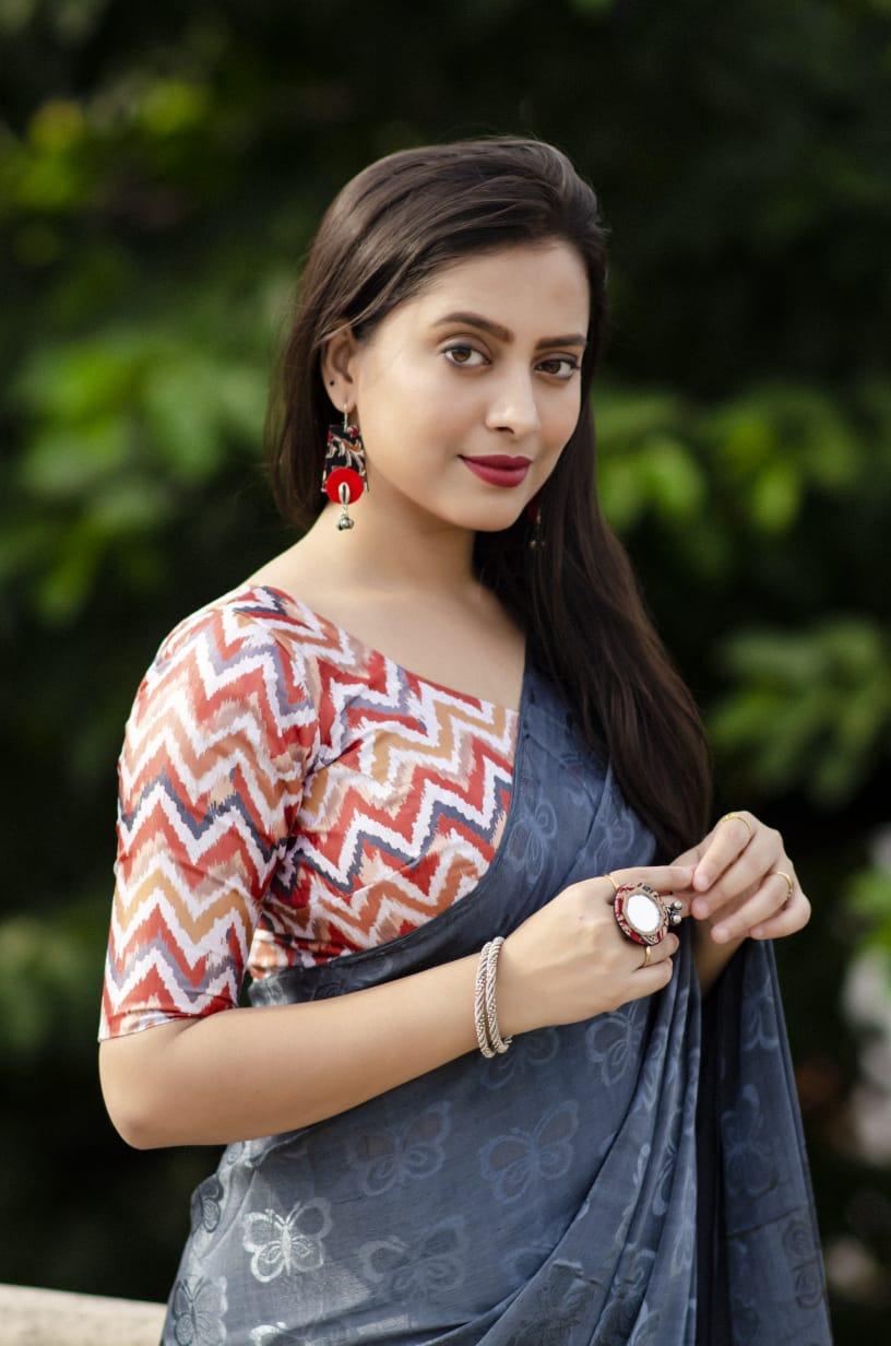 Grey Silk Blend Ethnic Motifs Saree with Unstitched Blouse - Hiral Fashion | Swadesiicart