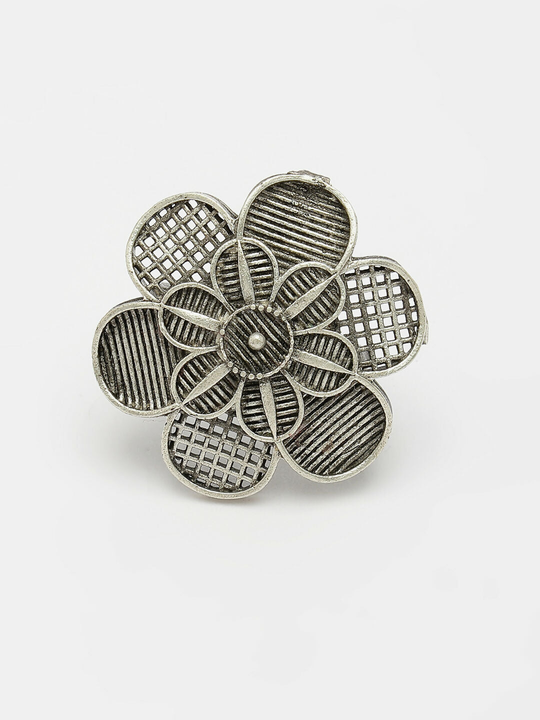 NVR Women's Silver-Toned Floral Shape Adjustable Finger Ring | Swadesiicart