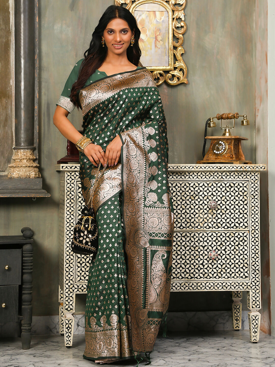 Astita Banarasi Silk Dark Green Saree | Swadesiicart