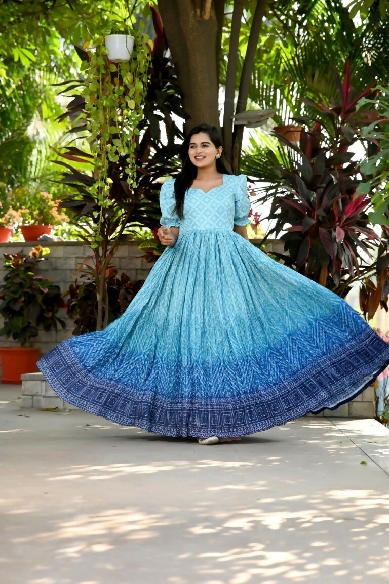 Jyoti Fashion Women's Sky Blue Bandhej Print with Crush Pleating Muslin Anarkali Dress | Swadesiicart