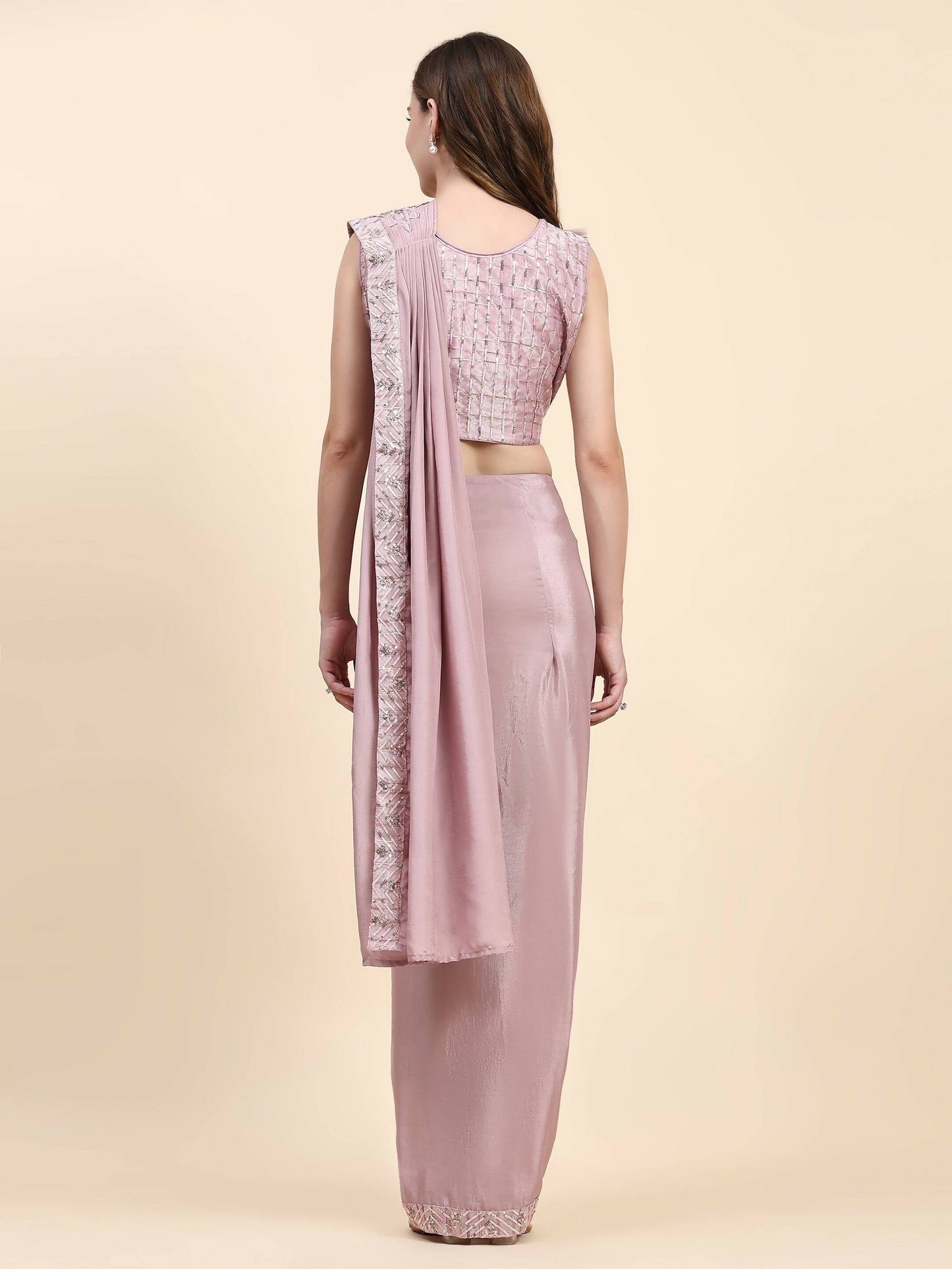 Pink Silk Satin Solid Ready to wear Saree with stitched Blouse - Satiksha | Swadesiicart