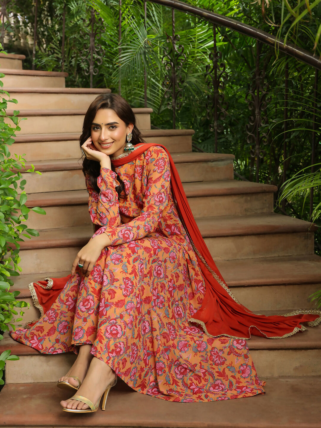 Janasya Mustard Georgette Floral Kurta,Bottom & Dupatta | Swadesiicart