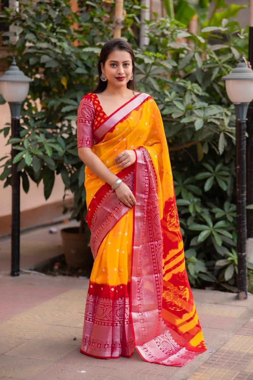Orange Jute Silk Ethnic Motifs Saree with Unstitched Blouse - Hiral Fashion | Swadesiicart