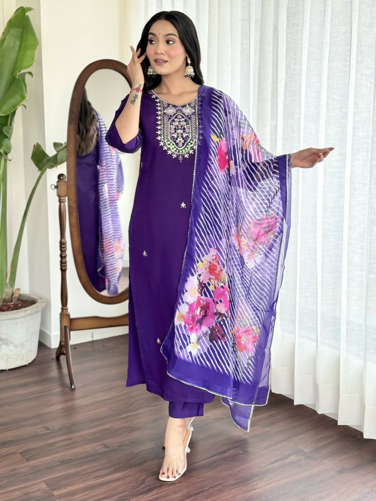 Blue Viscose Chanderi Stitched Suit With Dupatta - Tanisha | Swadesiicart