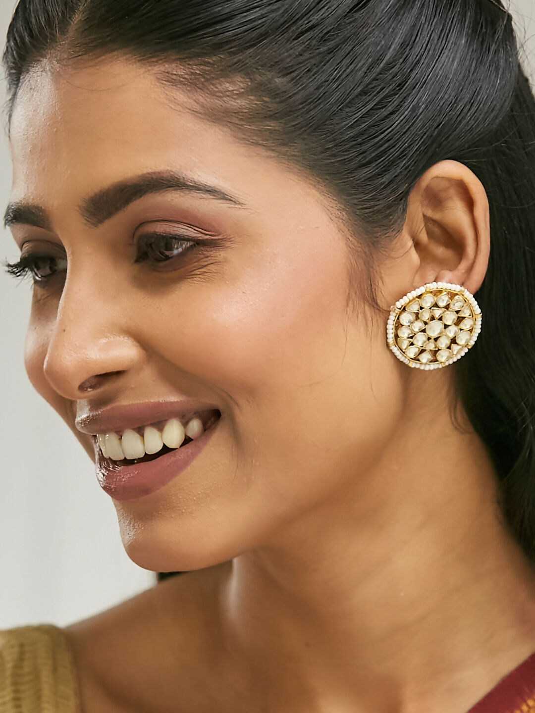 Nuyug 22K Gold-Plated Elegant Kundan Stone Studded & Pearl Beaded Disc Studs | Swadesiicart