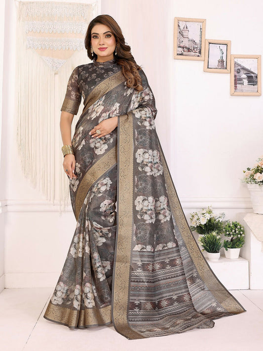 Joban Fashion Dark Grey Floral Print pattern Banarasi Silk Sarees | Swadesiicart