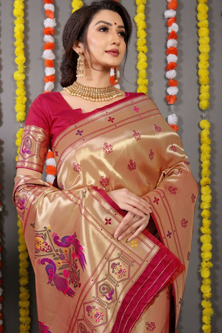 Jyoti Fashion Women's Maroon Paithani Silk Zari Woven Saree with Blouse | Swadesiicart