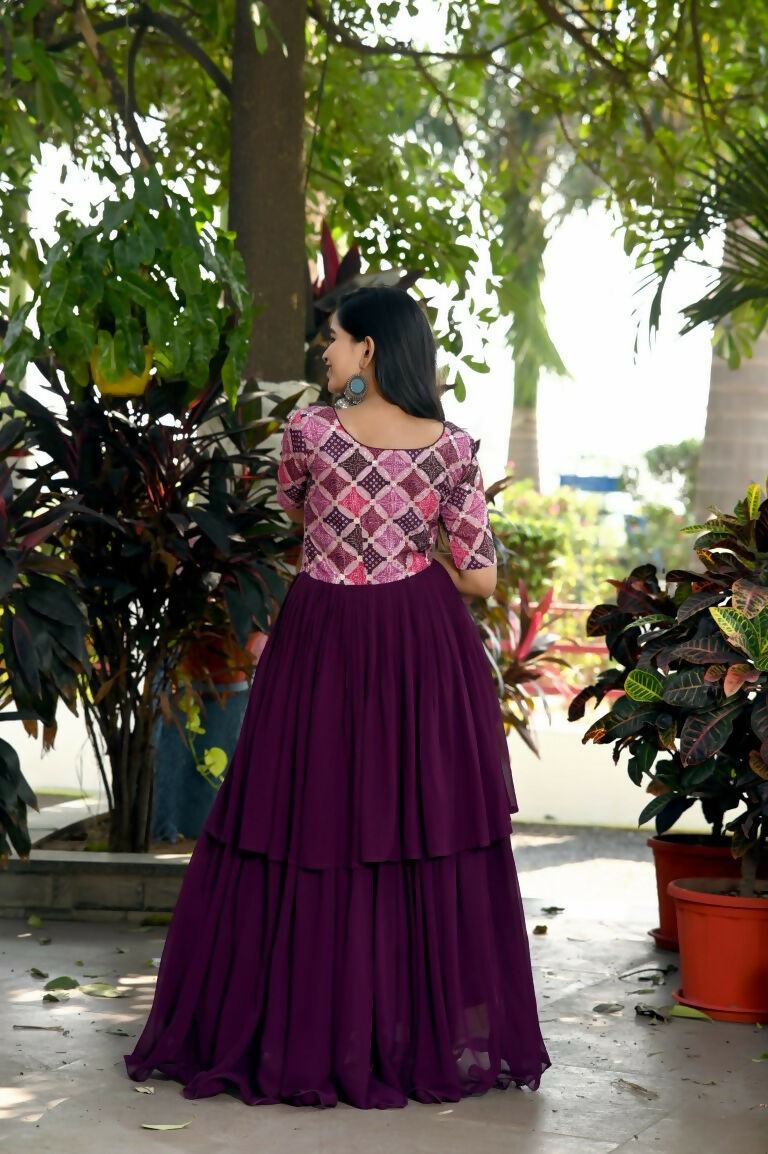 Jyoti Fashion Women's Wine Printed with Sequins Faux Blooming Anarkali Dress | Swadesiicart