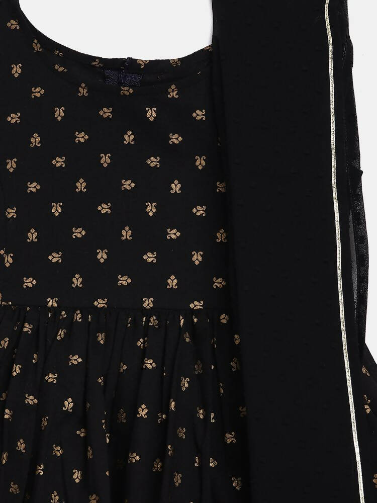 Ahalyaa Black Cotton Gold Print Kids Kurta Sharara Sets For Girls | Swadesiicart