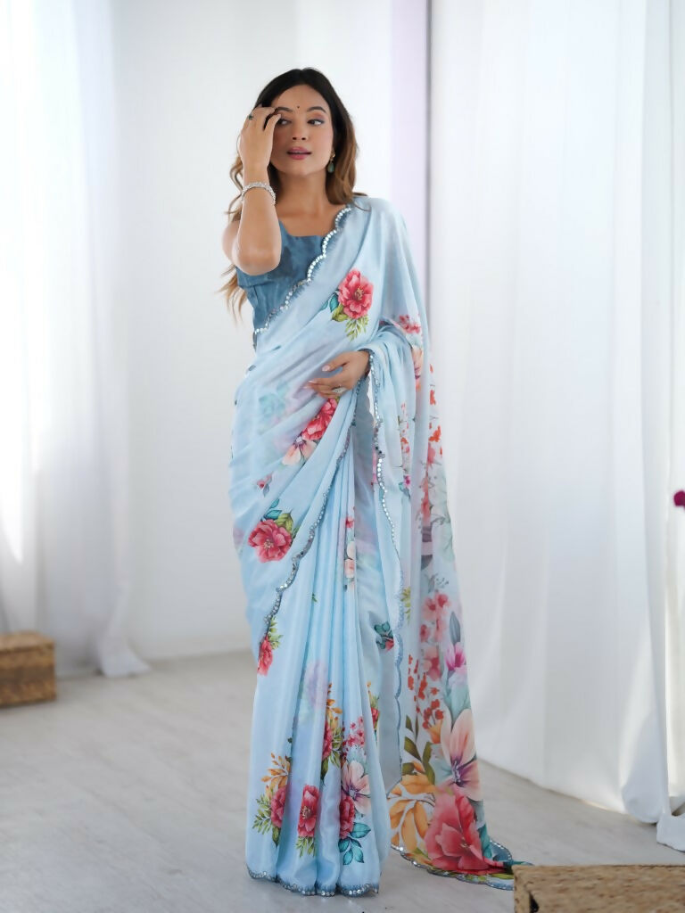 Blue Chinon Designer Digital Printed,Mirror Cut Work Saree - Manvika