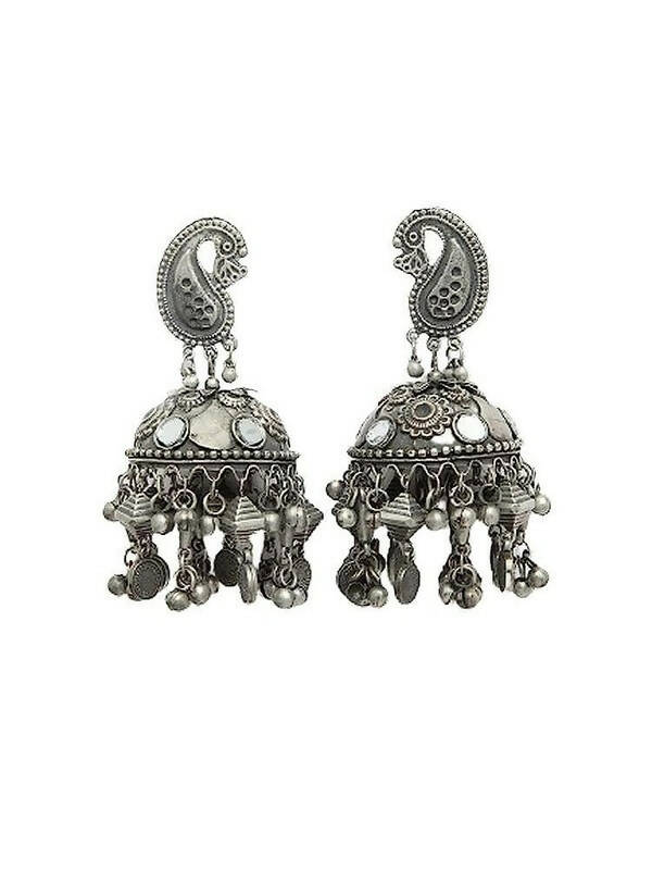 Peacock Shaped Tribal Design Oxidised Silver Plated Chandelier Jhumkas (VMC-PCK2) By House of Ree | Swadesiicart