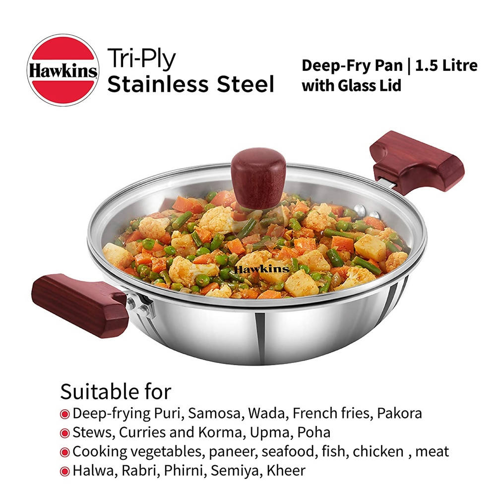 Hawkins Tri-Ply Stainless Steel Deep-Fry Pan with Glass Lid Silver (SSD15G) - Swadesiicart