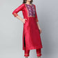 Ahalyaa Womens Red Art Silk Printed Kurta Pant Set | Swadesiicart