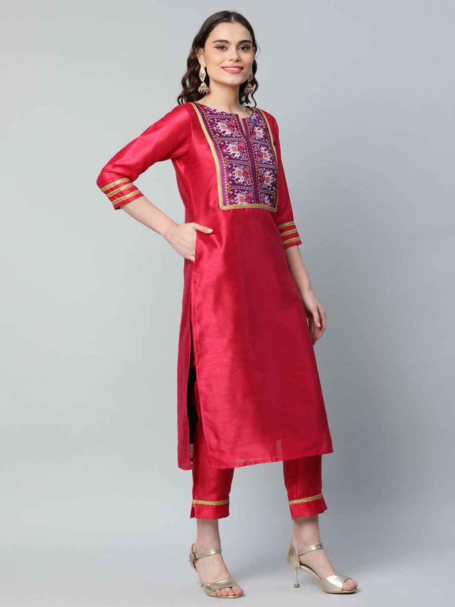 Ahalyaa Womens Red Art Silk Printed Kurta Pant Set | Swadesiicart