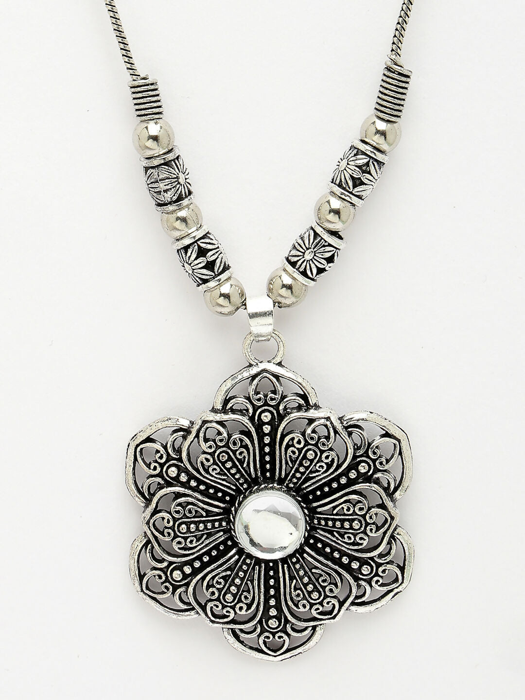 NVR Women's Silver-Toned Floral Shape Pendant with Chain | Swadesiicart
